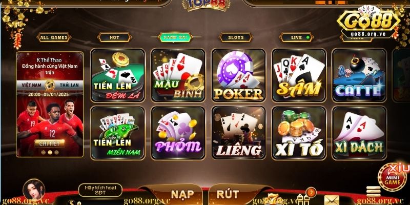 Kho game bài hấp dẫn được người lựa chọn nhiều nhất tại game Top88