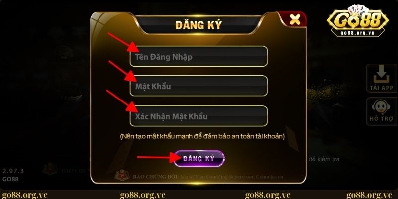 Giao diện đăng ký tài khoản tại nền tảng GO88